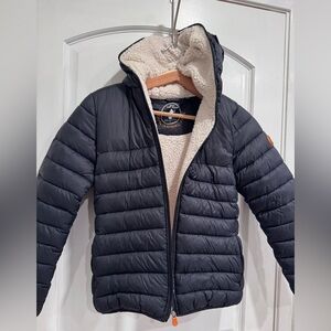 SAVE THE DUCK Black and Cream Sherpa-Lined Jacket